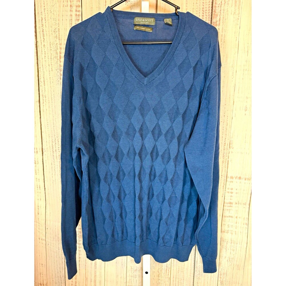 Lyle & Scott Men’s Sweater XL Blue Argyle V-Neck Pullover Combed Cotton Knit